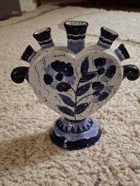 Hand-Painted Heart Vase in Blue and White